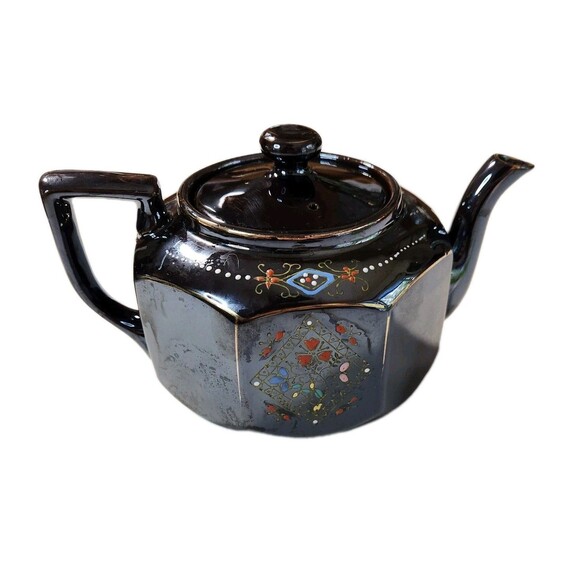 Vintage Japanese Teapot Brown Glazed Gold Trim Hand Painted 8 Sided Ceramic - Picture 2 of 16
